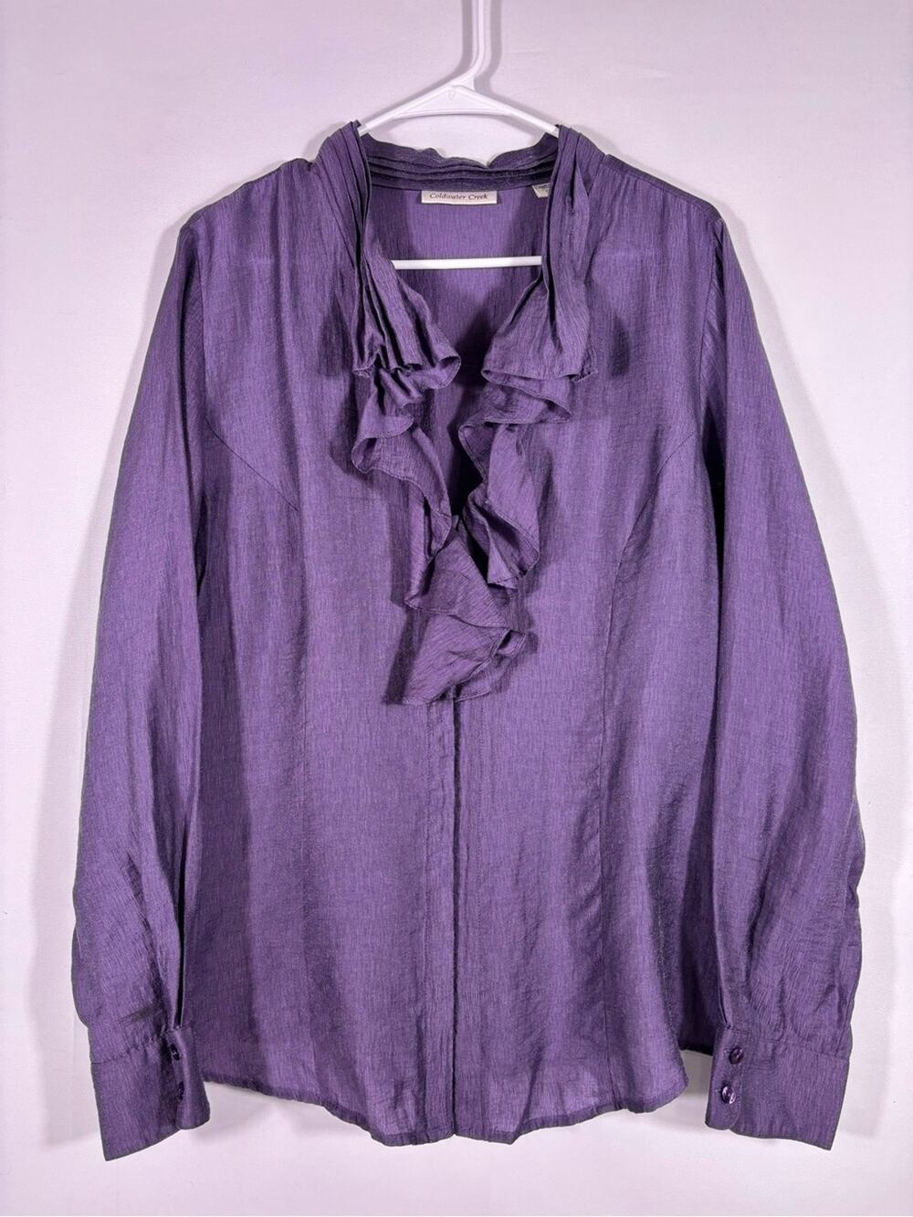 Coldwater Creek Purple Lyocell Ruffle Front Blouse Romantic Boho Size XL